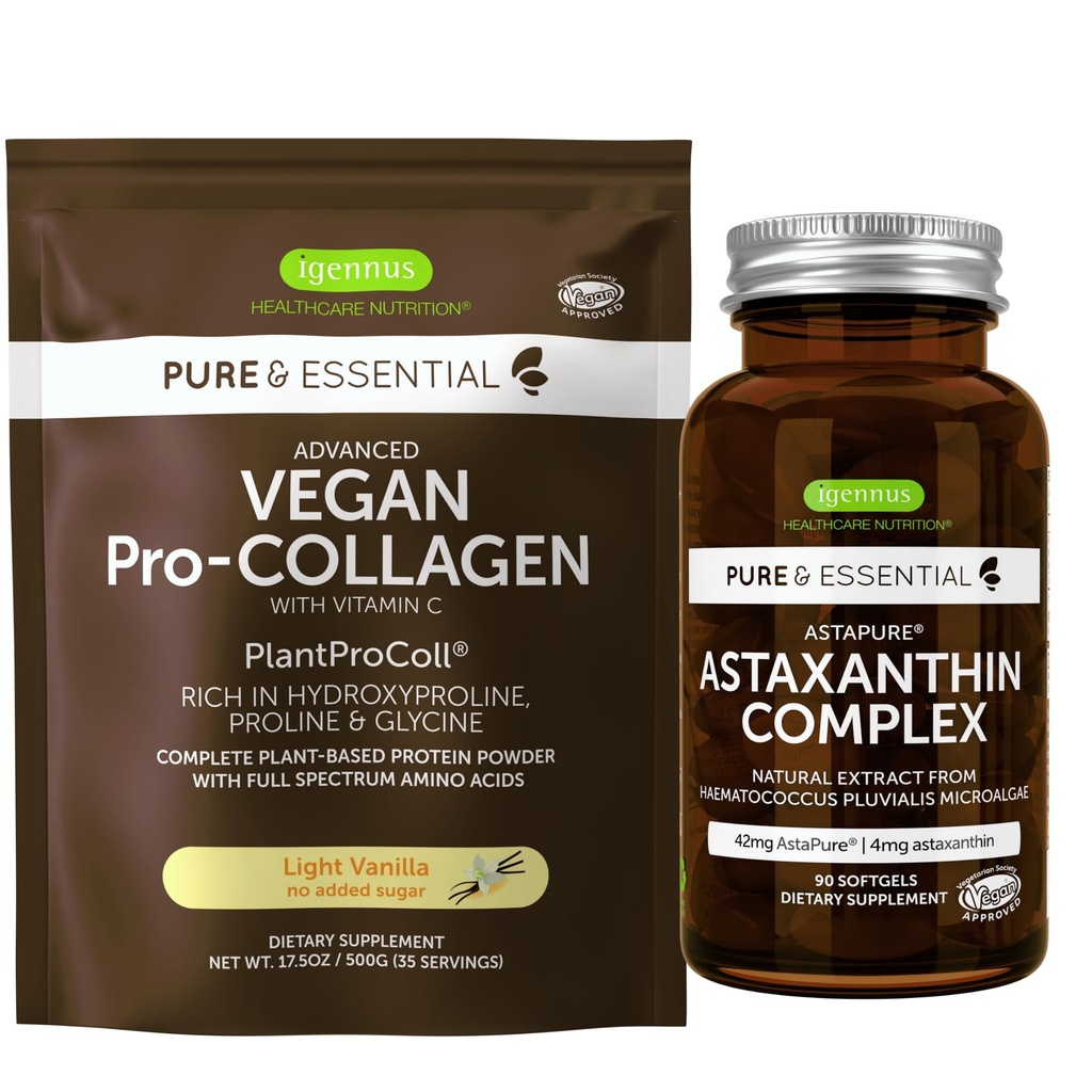 Vegan Vanilla Collagen Protein Powder + Astaksantin Complex Vegan Bundle, Collagen Pospeševanje Formula + Naravni 4mg H. Pluvialis Astaksantin za lase, kože in nohte, Igennus