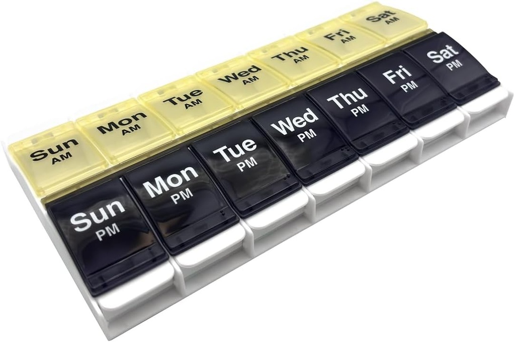 EZY DOZE Push Button (7-Day) Pill Case, Medicine Planner, Vitamin Organizer, 2 krat na dan, AM/PM Container, X-Veliki oddelki, Artritis prijazno, enostaven za uporabo, Jasno Lids, Blue/Yellow, BPA brezplačno