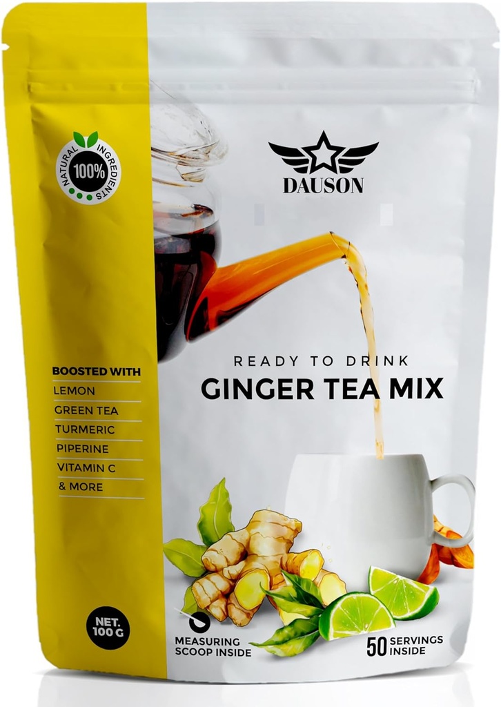 ingver limonin čaj v prahu – osvežilna mešanica s sladkim korenom, kurkuma, brezkofeinski zeleni čaj, vitamin C – brez kofeina, vegan, gumijasti detoks čaj – 50 postrežbe