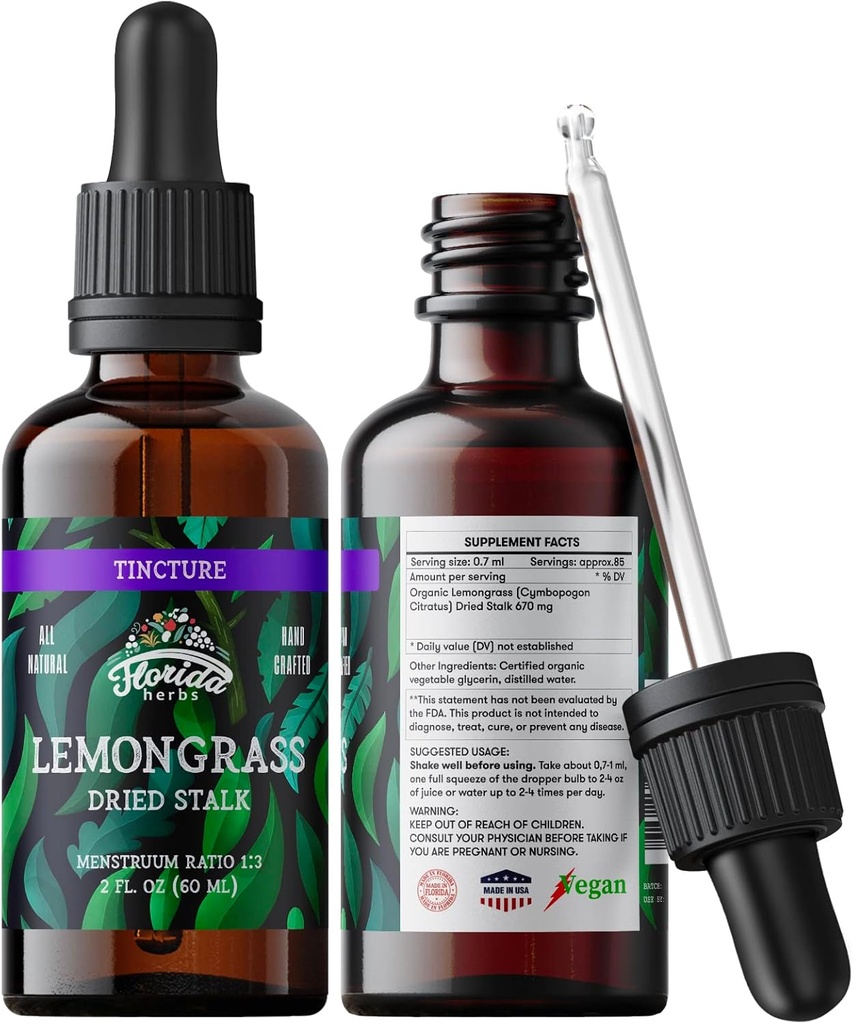 Lemongrass Tinktura, Ekološka limonska trava Ekstrakt (Cymbopogon Citratus) Zeliščni dodatek, Ne-GMO v hladno pripravljeni organski zelenjavni glicerin, 700 mg, 2 oz (60 ml)