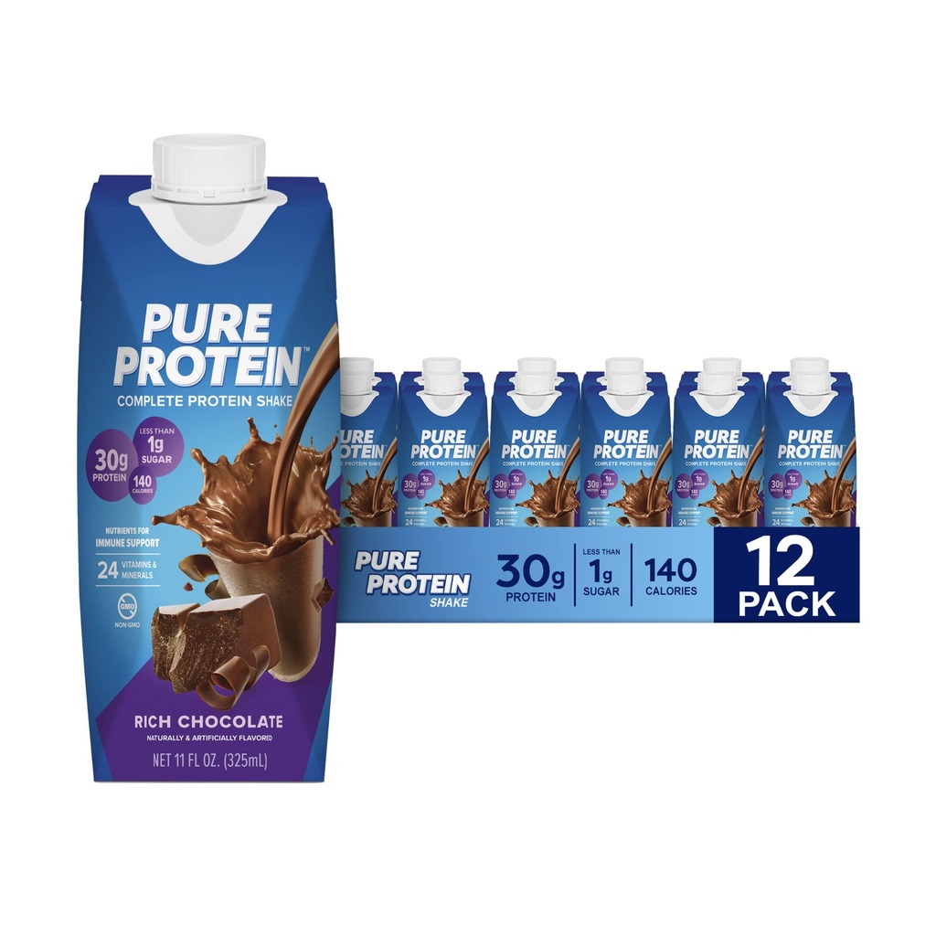 Pure Protein Chocolate Protein Shake, 30g Popolne beljakovine, Pripravljen za pitje in Keto-prijazno, Vitamini A, C, D in E plus cink za podporo imunskega zdravja, 11oz steklenice, 12 pakiranje