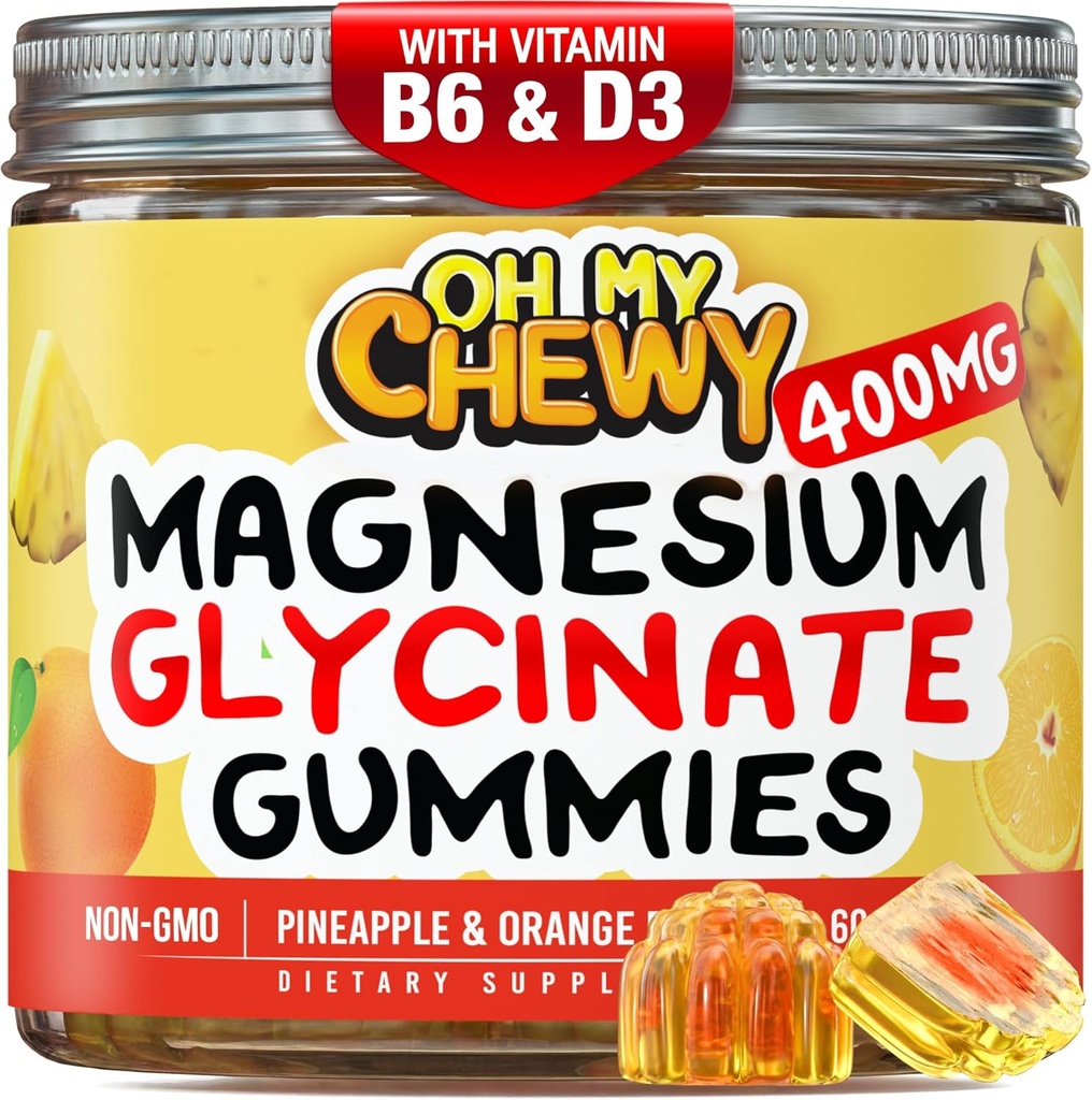 Napolnjeni Magnezij Glycinate Gumies 400MG - Visoka absorpcija za otroke, najstnike in odrasle - dodatek za spanje, mir in mišice sprostitev z B6 & D3 - Gluten Free & Vegan prijazno - 60 Count