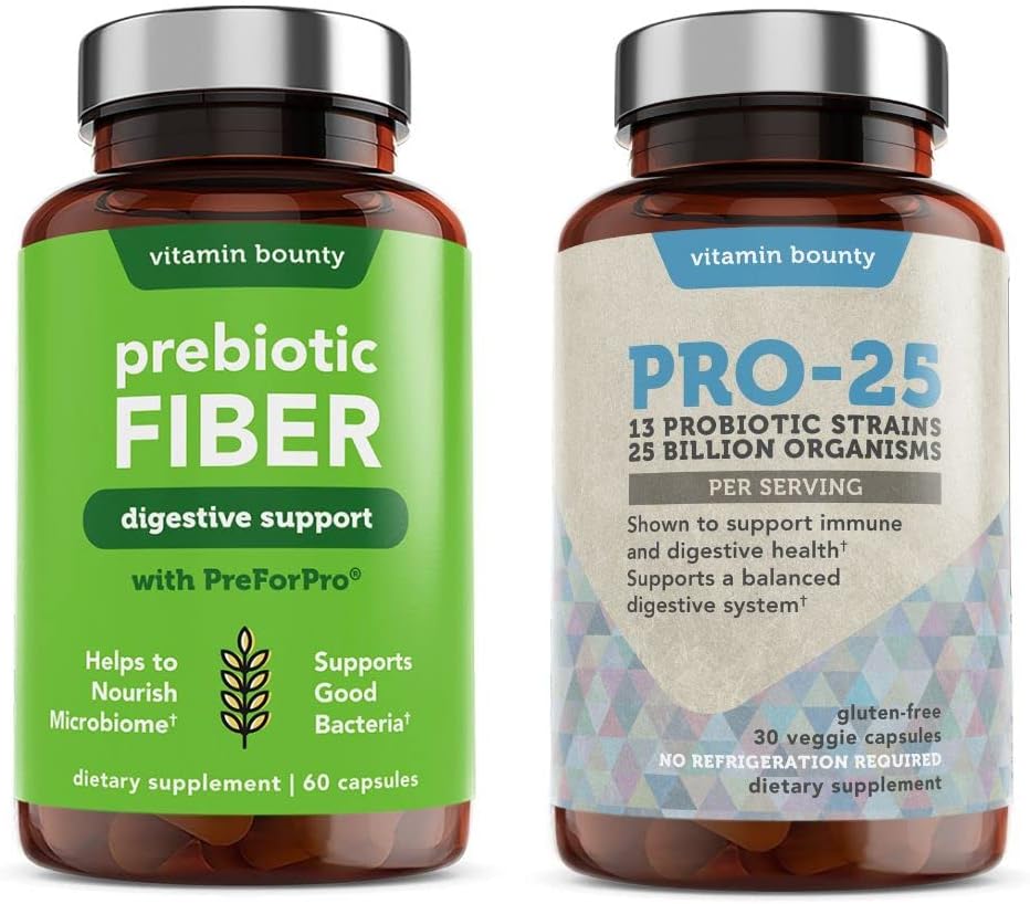 Vitamin Bounty Pro-25 Probiotiki in prebiotične vlaknine paket - Prehranska vlaknine, 13 Probiotične sevi, Gut Health, Prebavno zdravje, Zapoznela sprostitev - Bundle