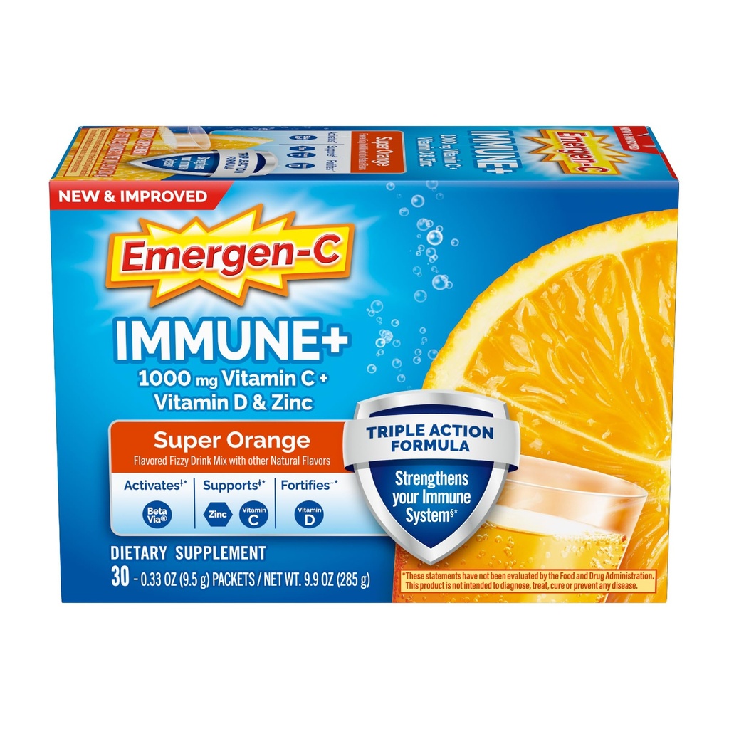 Emergen-C Imune+ Triple Action Immune Support Powder, BetaVia (R), 1000mg Vitamin C, B Vitamini, Vitamin D in antioksidanti, Super Orange, Nazaj v šolo Essentials – 30 Count