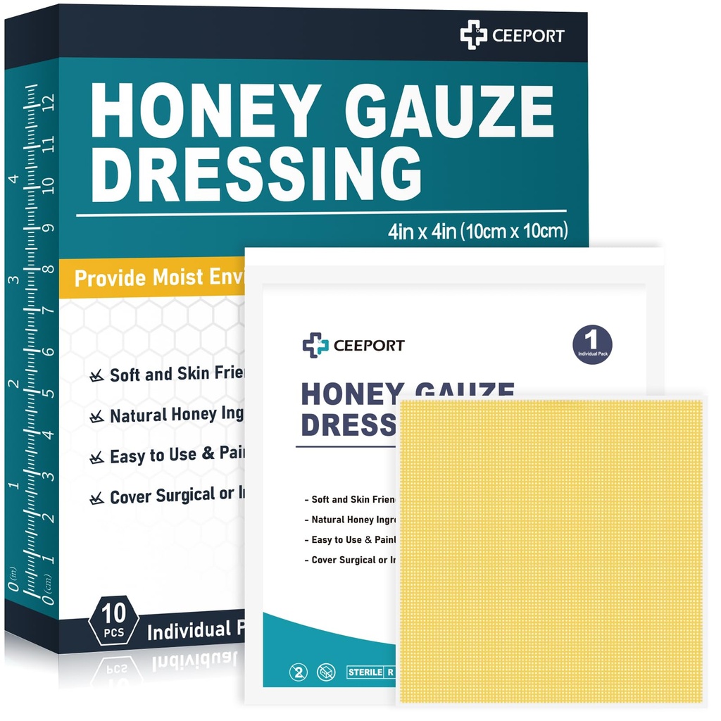 Oblačenje medene gaze, 4" x 4" Manuka Honey Rane Care, Medical Grade Honey Bandages for Rane Care, Honey Patch za hitrejše zdravljenje iz opeklin, Abrasions, cuts and Scalds (Pack of 10)