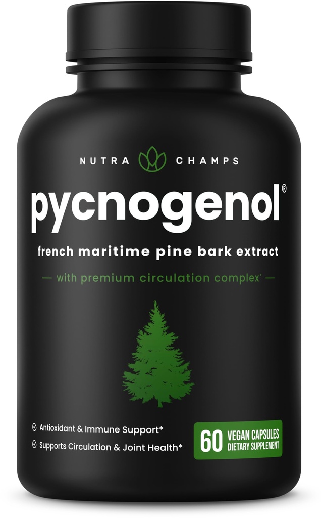NutraChamps Pycnogenol Fresh Maritime Pine Bark Extract, Premium Circulation Complex, pretok krvi, proizvodnja dušikovega oksida, Superior Absorpcija, Rezultati z izvlečekom črnega popra, 60 kapsul