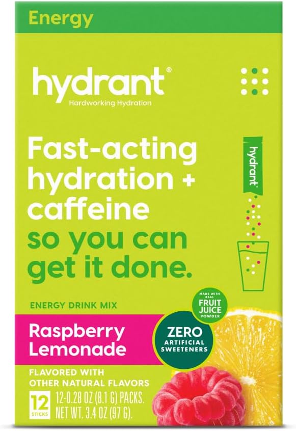 Hidrant - Energija Elektrolit Powder, Raspberry Limonade Flavor, 12 Kofein & L-Theanine Energy Rehidracija Packs - Nizek sladkor Energiziranje Powder za vsakodnevno uporabo