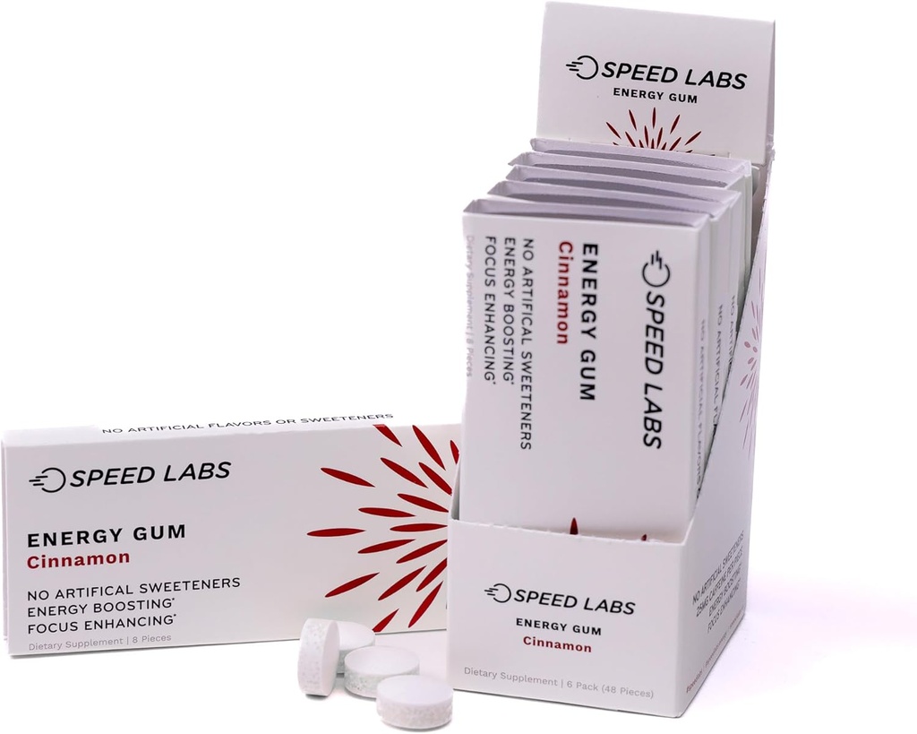 Speed Labs Cimet Natural Caffeine Energy Gum 25mg Kofein, Tavrin, B Vitamini na kos, 48 kosov (6 pakiranj po 8) Sladkor brez sladkorja, nič kalorij, naravno sladkan, Gluten prost