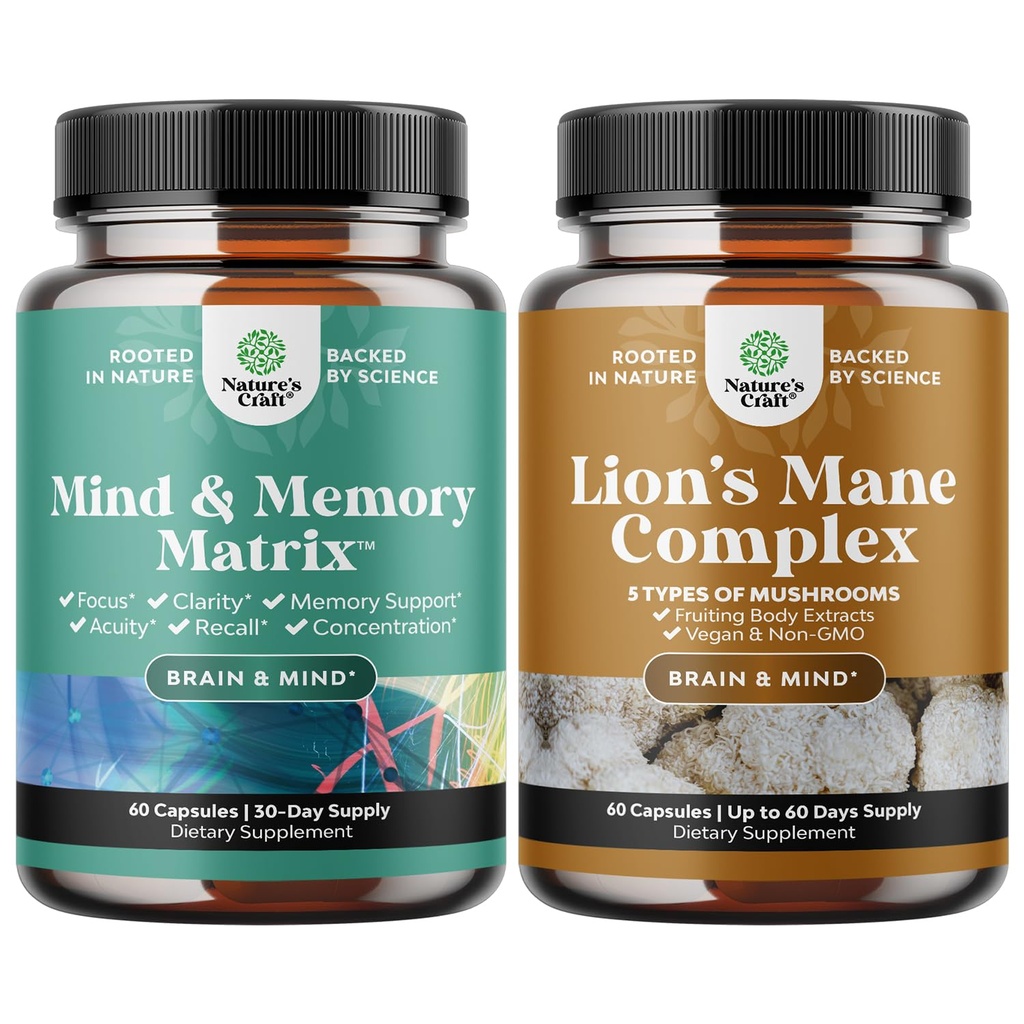 Sveženj naprednih nootropic Brain Support Supplement z spominom in fokus vitamini in Advanced Lion's Mane Gobe Supplement z Reishi, Chaga, Maitake & Shiitake za podporo spomina in fokus