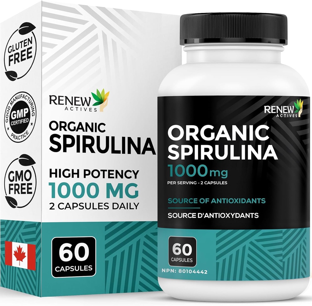 Renew Actives Organic Spirulina 1000MG na 2 kapsuli – Superhrana za moške in ženske – Podpira energijo, wellness in imunske funkcije – bogata z antioksidanti in hranili – Izdelano v Kanadi – 60 kapsul