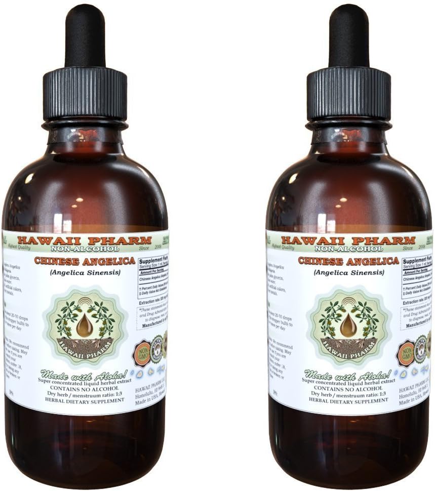 Angelica Chinese Alkohol-free Liquid Extract, Organic Angelica (Angelica Sinensis) Posušeni koren Glicerit Havaji Pharm naravni zeliščni dodatek 2x2 oz