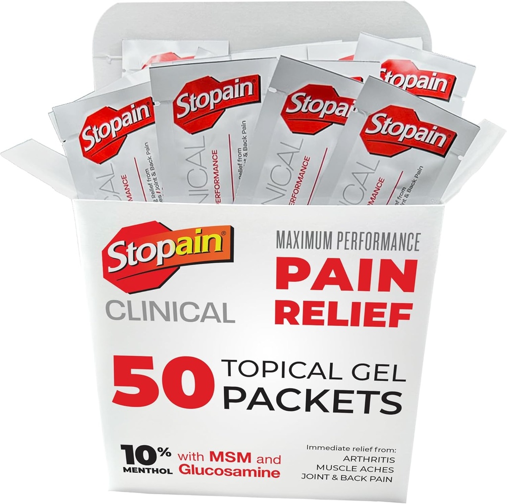 Stopain Pain Relief Clinical Gel Packets, ZDA Made, Max Jakost hitro deluje z MSM, Glukozamin, Mentol za Artritis, spodnji hrbet Sciatica, koleno, vrat HSA FSA Topical Analgesic izdelki, 50 Pack