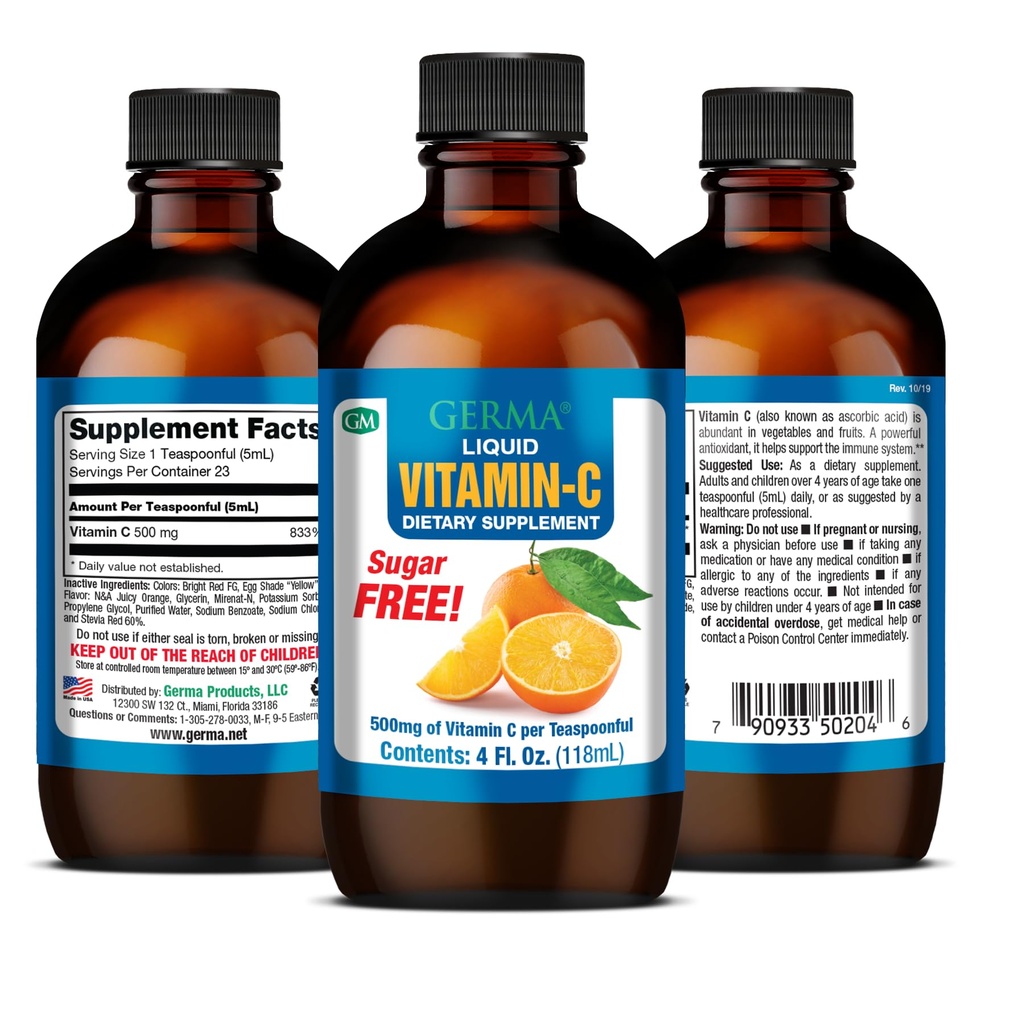 Germa Sugar-free Tekoči vitamin C. 500 mg. Hitra absorpcija Prehranska dopolnila. Obnovitveni imunski sistem. 4 oz / 118ml