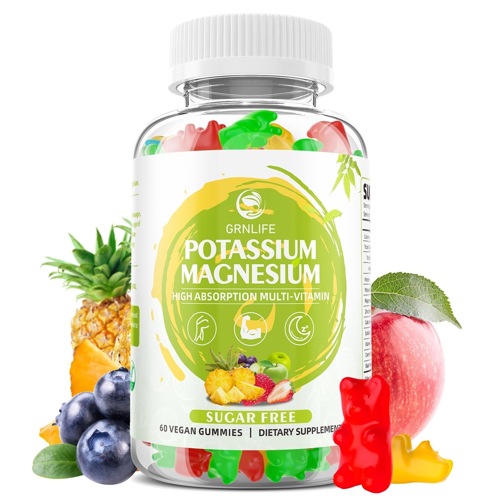 Kalijev magnezijev dodatek Gumiji, Kalijevi gumiji za odrasle otroke, visoka absorpcija Magnezijev Glicinat za zlome nog in imuno zdravje, brez sladkorja, veganske mešane arome, 60 Count