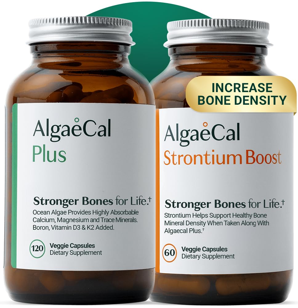 ALGAECAL Bone Builder Pack - dodatek kalcij na osnovi rastlin in stroncij - organski kalcij 750mg z vitaminom D3 1600 i.e., vitamin K2, magnezij, 16 Hranila za zdravje in gostoto kosti (1-mesečna zaloga)