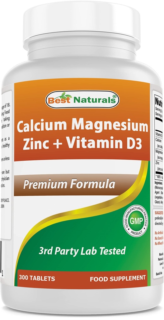 Najboljši naravni kalcijev magnezijev cink z vitaminom D3, 300 tabletami – kalcij 1000 mg, magnezij 400 mg, cink 25 mg in D3 600 i.e. na serviranje (3 tablete)