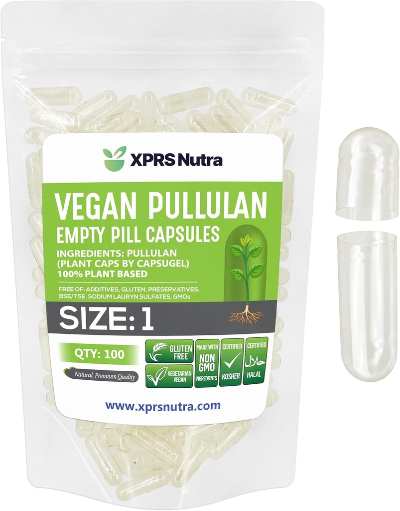 XPRS Nutra Size 1 Pululan prazne kapsule - 100 Štetje čistih nalepk Rastlinski pokrovi Počisti prazne veganske kapsule - Premium vegetarijanske tablete - Do-it-Your Your Zelenjavna kapsula Polnjenje