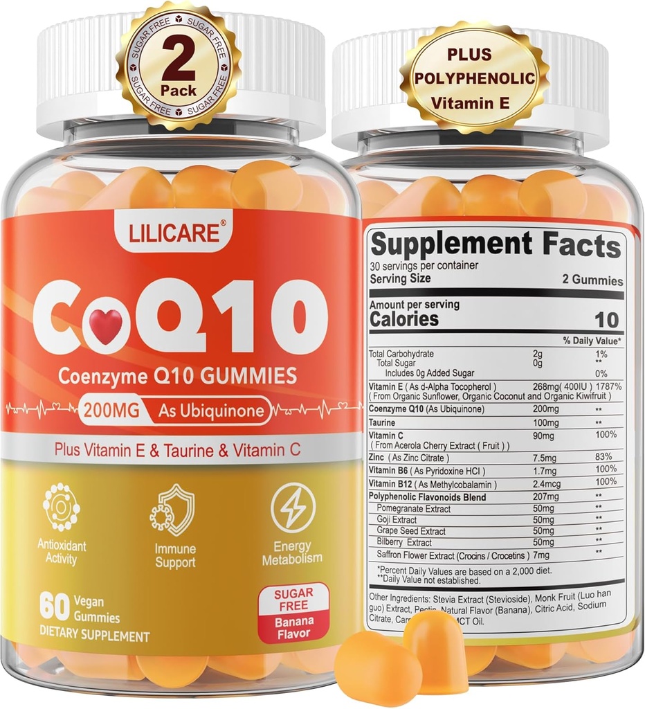 CoQ10 200 mg brez sladkorja - koencim Q10 w/tavrin, vitamin E, C, B6, B12, cink - visoka absorpcija CoQ10 Dopolnilo za antioksidant, celično energijo in zdravje Health, Vegan 120 C