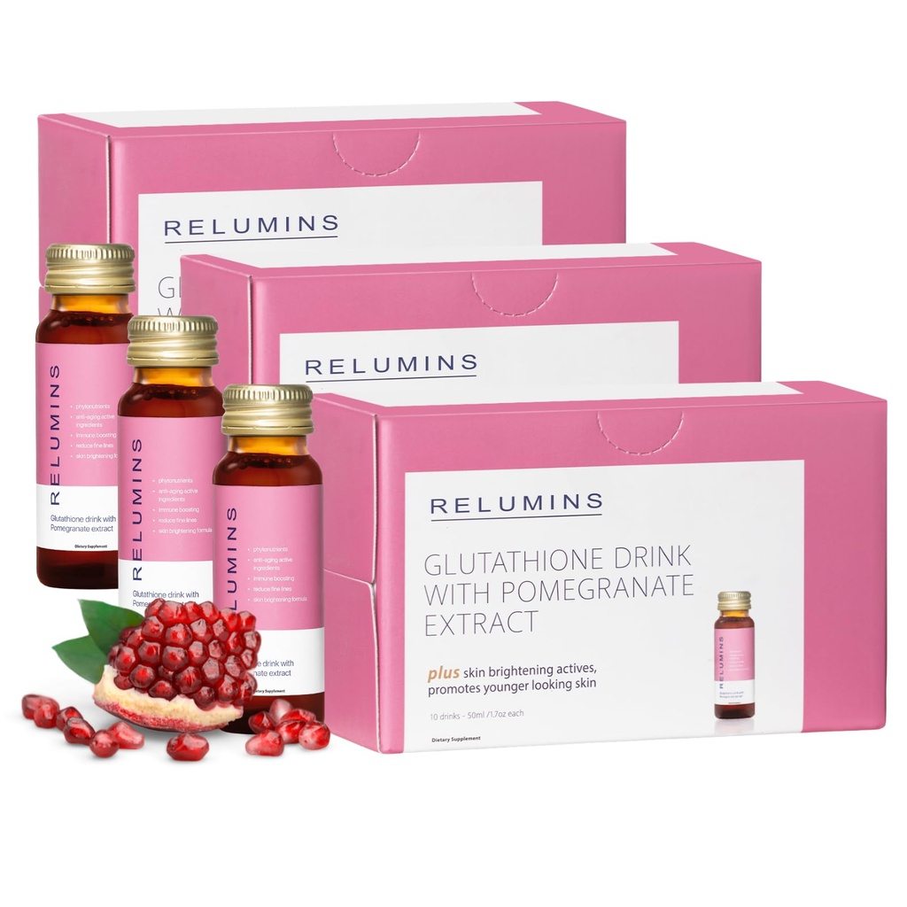 Relumini Glutation Hydration Shots - post-poletna regeneracija kože in hladno vreme Hidracija - Kolagen-Boosting & Made in USA - Granatna aroma – 30 steklenic x 50 ml