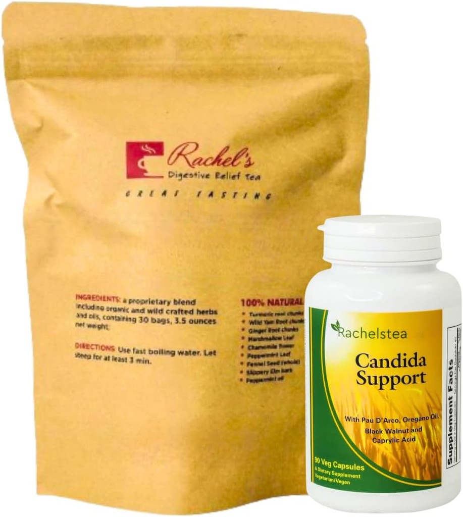 Rachel's Tea and Candida Support: 30 Day Supply Kurkuma, Wild Yam, Ginger, Peppermint, Fennel, Slippery Elm + Candida podporne kapsule