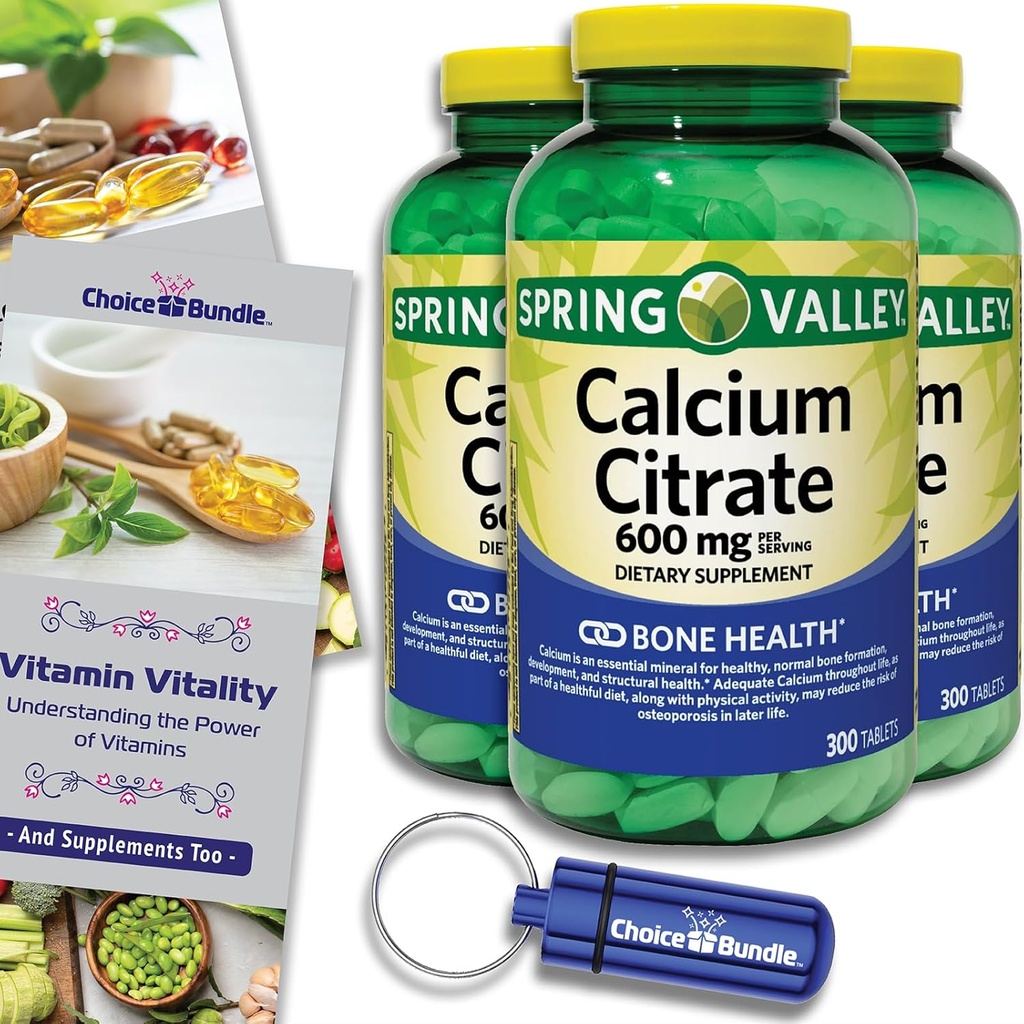 Spring Valley Calcium Citrat tablete Prehranska dopolnila 600 mg 300 Ct 3 pk Izbirni paket (900 skupaj) + Vitamin Guide & Pill Container (5 izdelkov)!