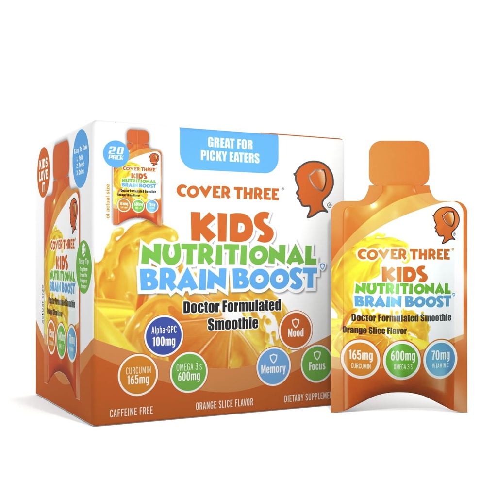 Naslovnica tri Dopolnila za otroke Možganski dodatek Smoothie, Omega 3 Tekoči otroci DHA ribje olje, Otroci Fokus in pozornost, Čustvena podpora, 20 vrečke, Pack 1