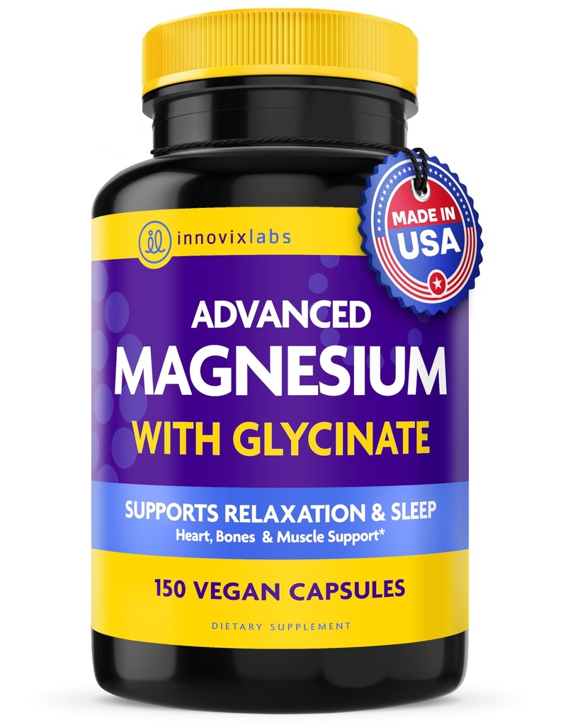 InnovixLabs Advanced Magnezij kapsule - 150 Ct, 210 mg - kelirani glicinat in malat - visoka absorpcija, spodbuja relaksacijo, kosti, zdravje mišic, veganski malat spanje dodatek