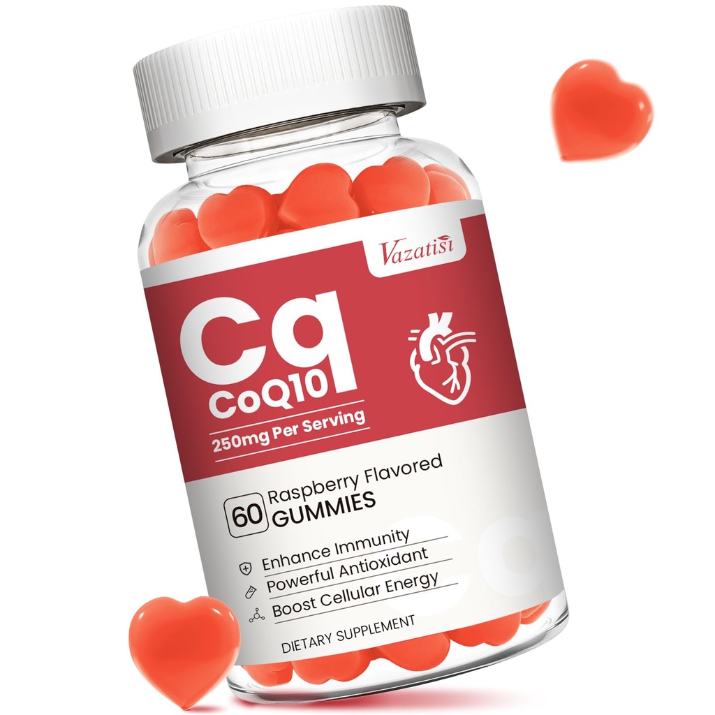 Visoka absorpcija CoQ10 Gumies 250 mg, Plus Omega-3, Vitamin B3 za celično energijo, Možgani & Antioksidant, 5X Boljša absorpcija Koencim Q10 Dopolnilo, Malina Okusna - 60 Cts