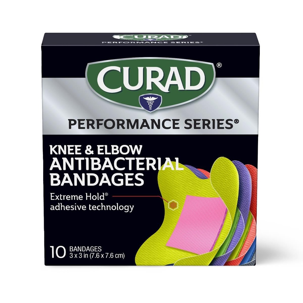 CURAD Performance Series IRONMAN Antibakterijski Bandages, Extreme Hold Adhesive Technology, Kolenec & Kolenec 3 palcev x 3 palcev, 10 Štetje, Idealno za cuts, Scrapes, Sports, in Active Lifestyles