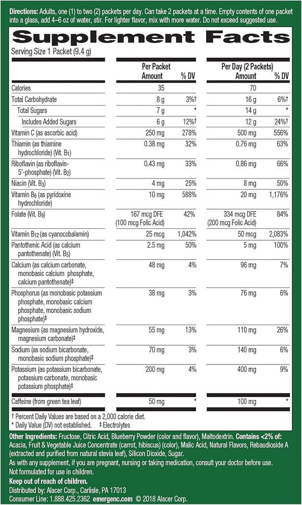 Emergen-C Energy+, z vitamini B, vitaminom C in naravnim kofeinom iz zelenega čaja (Blueberry Acai Flavor) Prehranska dopolnila v mešanici pijač, 0.33 Ounce Powder Packets (Pack of 18)