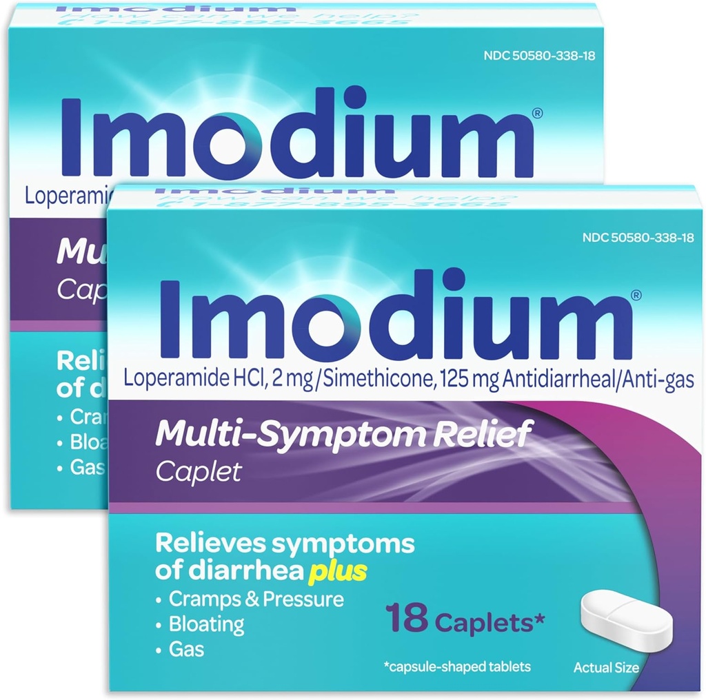 Imodijev multisimptom Relief Caplets z loperamidnim hidrokloridom in simetikonom, antidiareja zdravila za zdravljenje driske, plina, napihnjenosti, krčev in tlaka, 2 pakiranji