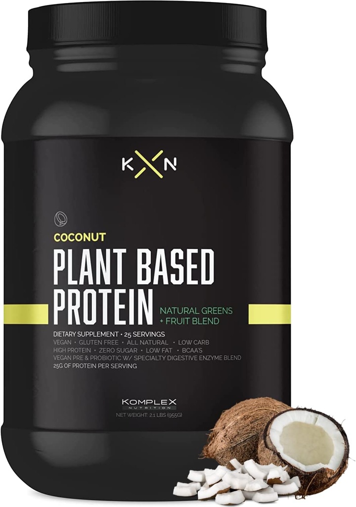 KompleX Nutrition Plant Based Protein Powder (25 strežb) - Coconut Arowed Natural, Vegan, Zero Sugar, Nizka maščoba, ne gensko spremenjeni prehranski dodatek Izdelano iz 29 naravnih zelenih in sadja