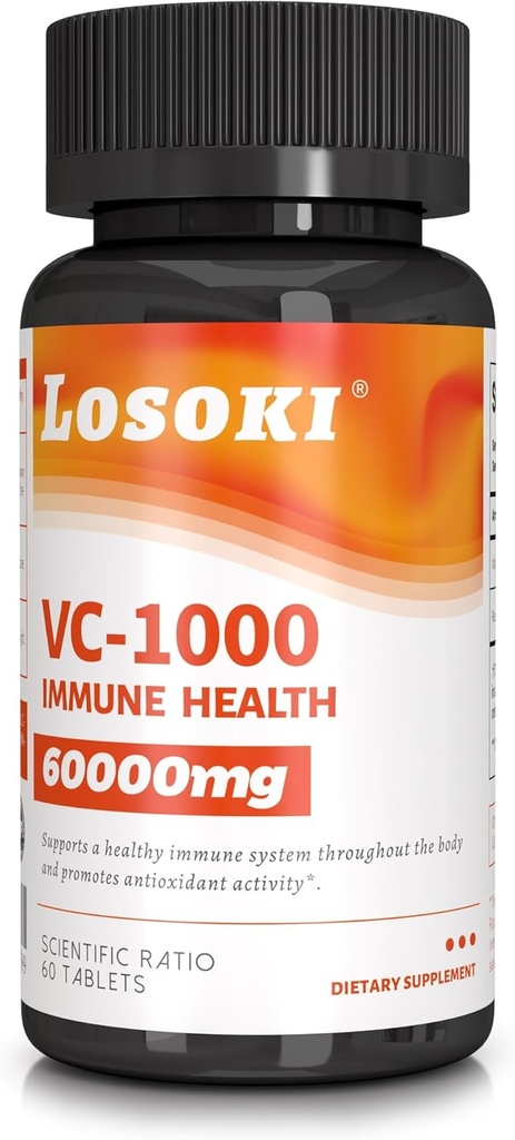 Losoki VC 1000 - Visokodozni vitamin C dodatki za imuno podporo in zaščito proti antioksidantom - puferirana formula z Rose HIPS praškom - 60 tablet