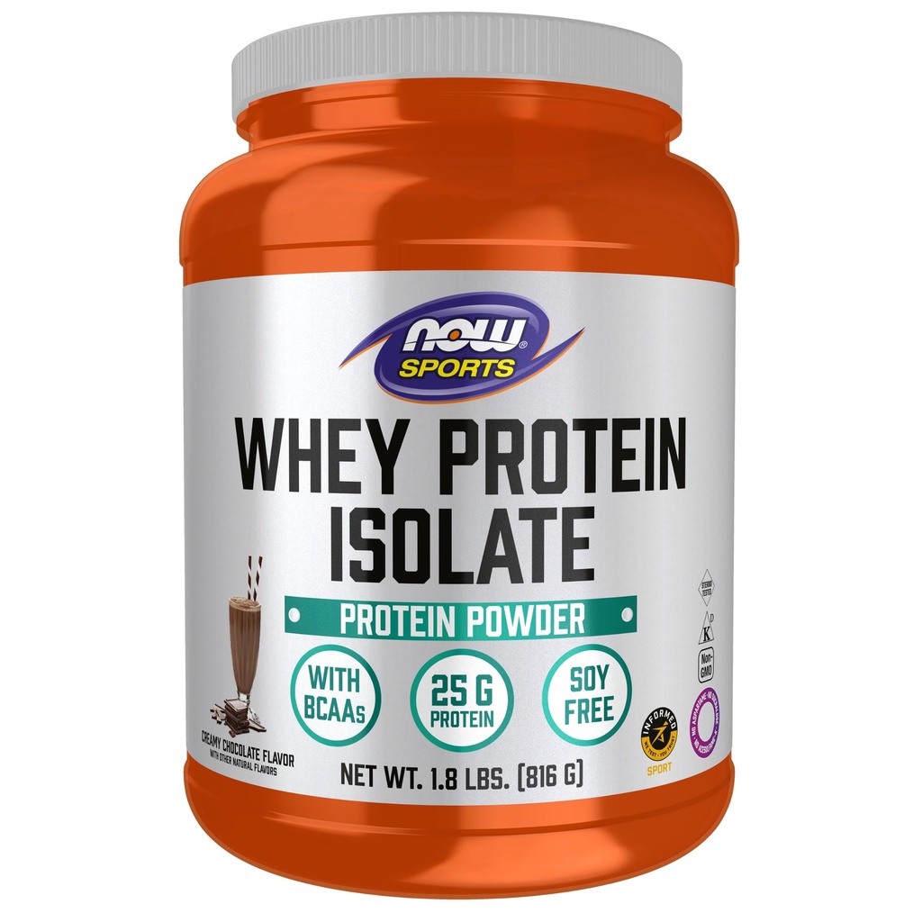 NOW Foods Športna prehrana, izolat sirotkinih beljakovin, 25 g z BCAA, kremni čokoladni prašek, 1,8-pound