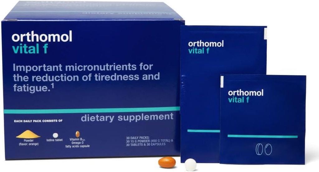 Ortomol Vital F Powder & Tablet Packet, ženski multivitaminski, 30-dnevni zaloga, vitamini A, B, C, D, E, K, kalcij, jod, omega-3...