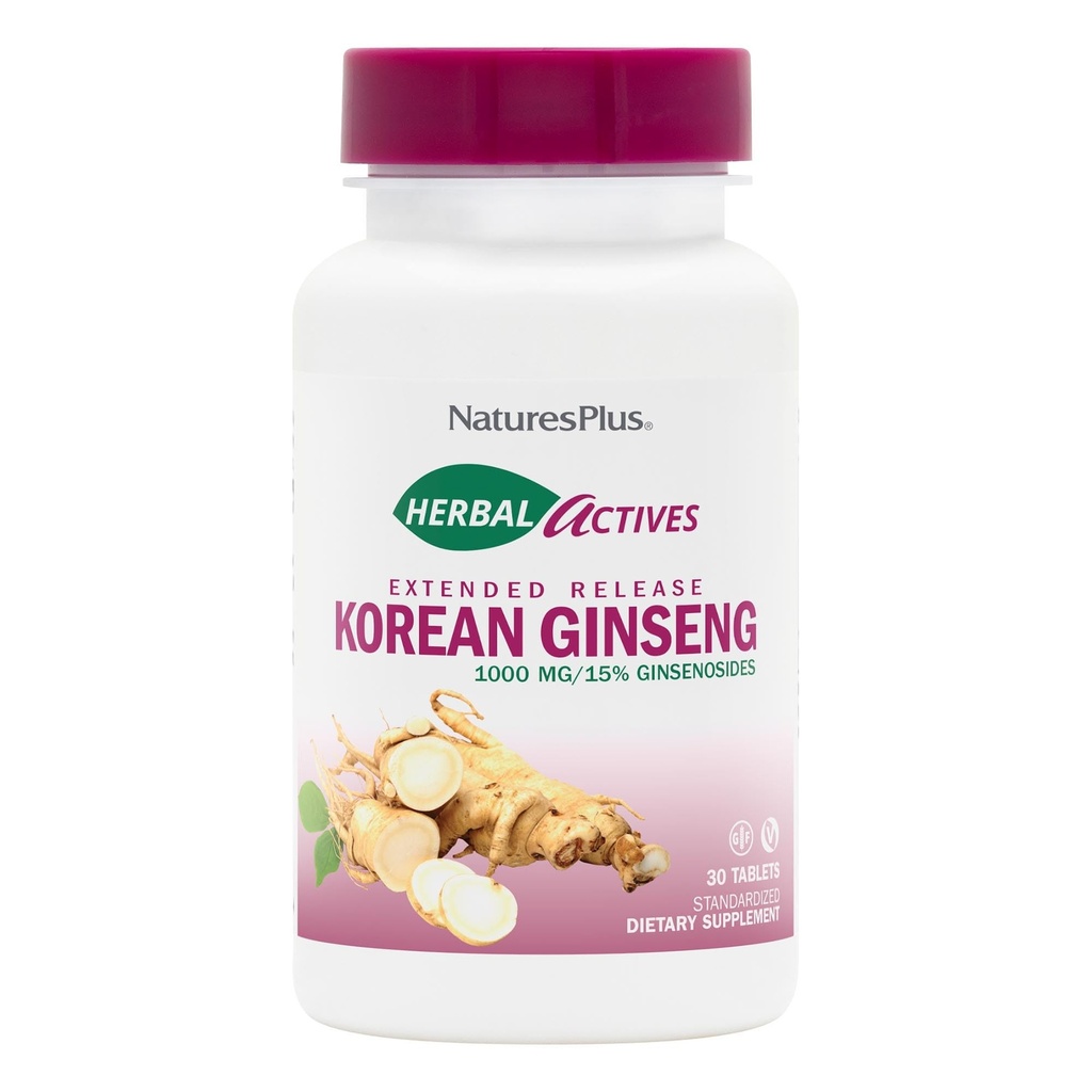 Natures Plus Herbal Actives Korean Ginseng, Razširjena sprostitev - 1000 mg, 30 Veganske tablete - Adaptogeni zeliščni dodatek, Antioksidant - Vegetarian, Gluten-free - 30 Služabniki