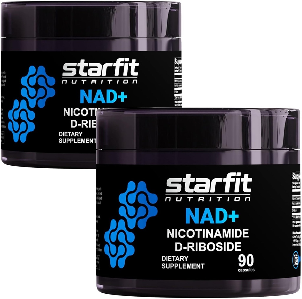 STARFIT - Nikotinamid D-Ribozid (2 pakiranji), obnovitveni odmerek NAD+, dodatek za energijo in fokus, podpora za preprečevanje staranja celic, skupaj 180 kapsul