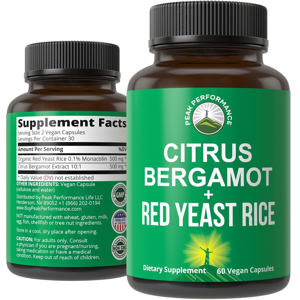 Citrus Bergamot + rdeči kvas riž. 2-v-1 dodatek. Visoka moč 10:1 Bergamotov ekstrakt. Brez glutena, nič sladkorja, veganske kapsule