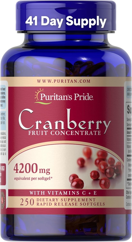 Puritan's Pride Premium Cranberry Fruit Concentrat 84 mg (enakovredno 4200 mg) z vitaminoma C in E, prehranska dopolnila za podporo imunskega sistema, zaloga 4 mesecev, 250 kapsul za hitro sproščanje