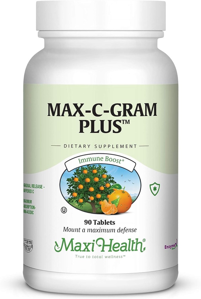 Maxi Health Vitamin C 1050mg – Buffered C kompleks s kalcijevim askorbatom in bioflavonoidi – Imunska podpora dodatek, non-Acidic, Nežen na želodec, Postopno sproščanje – 90 tablet