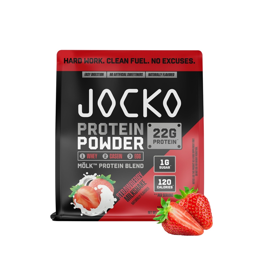 Jocko Fuel Mölk Whey Protein Powder 22g Sadna mešanica z nizko vsebnostjo sladkorja Monk - Regeneracija mišic in rast, Pakiranje maj Vary (27 Serving, Jagodna Mlekshake)