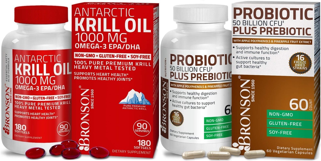 Bronson probiotik 50 milijard CFU + prebiotik z Apple Polifenoli in Ananas sadje ekstrak Antarktika Kril olje 1000 mg z Omega-3s EPA DHA
