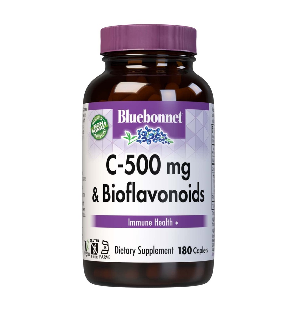 Bluebonnet Nutrition C-500 mg Plus Bioflavonoidi Kapleti, Vitamin C 500 mg, Citrus Bioflavonoidi 250 mg, za imuno zdravje, brez soje, brez glutena, Ne-GMO, Košir, Brez mleka, Vegan, 180 Kaplet