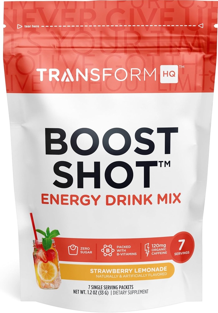 TransformHQ Boost Shot Powder Drink Packets, Jagodna limonada, 7 Pack, energijske dodatke za ženske in moške, s kofeinom, vitamin B12, B9, B6 in B3
