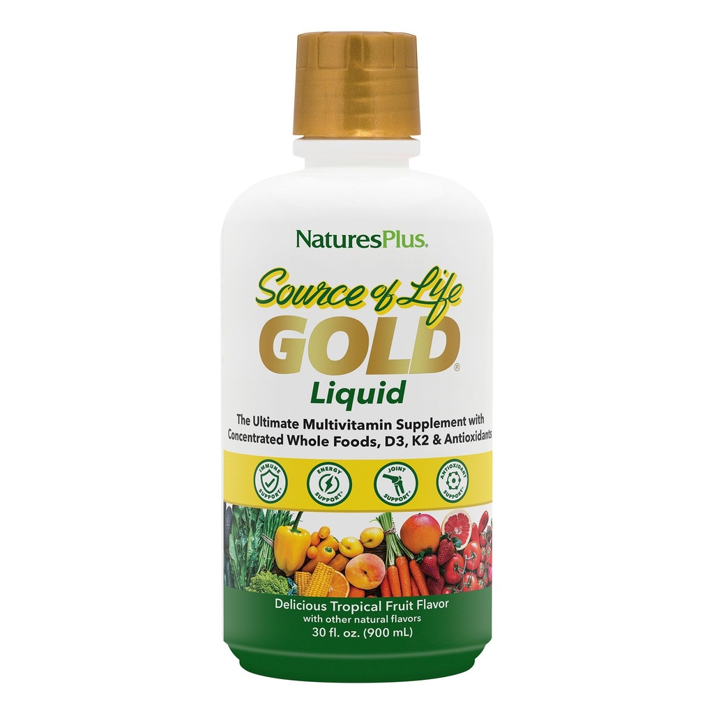 NaturesPlus Vir življenja zlato večvitaminski tekoči 30 oz Podpira proizvodnjo energije, zdrav imunski sistem & dobro počutje Vključuje vitamine D3, B12, K2 & več kot 120 celih živil hranil - 30 strežnikov