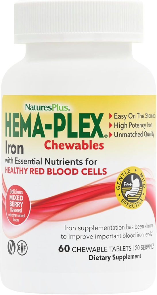 Natures Plus Hema-Plex Železo - 60 mešanih žvečnih žvečil za jagode - 85 mg Elementarno železo - Zdravje celotne krvi - z vitaminom C & bioflavonoidi - ne-GMO, Vegan & Gluten Free - 20 Služabnikov
