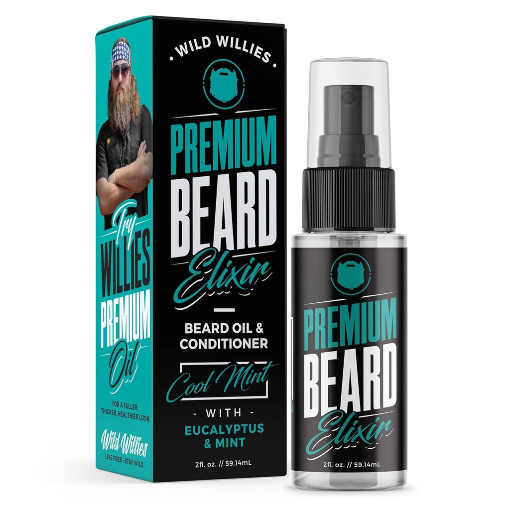 Wild Willies Premium Beard Oil & Conditioner Naravne, organske sestavine spodbujajo hitro rast brade, odstrani srbečica & prhljaj - Deep Softener zdravljenje Obnovi vlaga - 2 Oz, Cool Mint Scent
