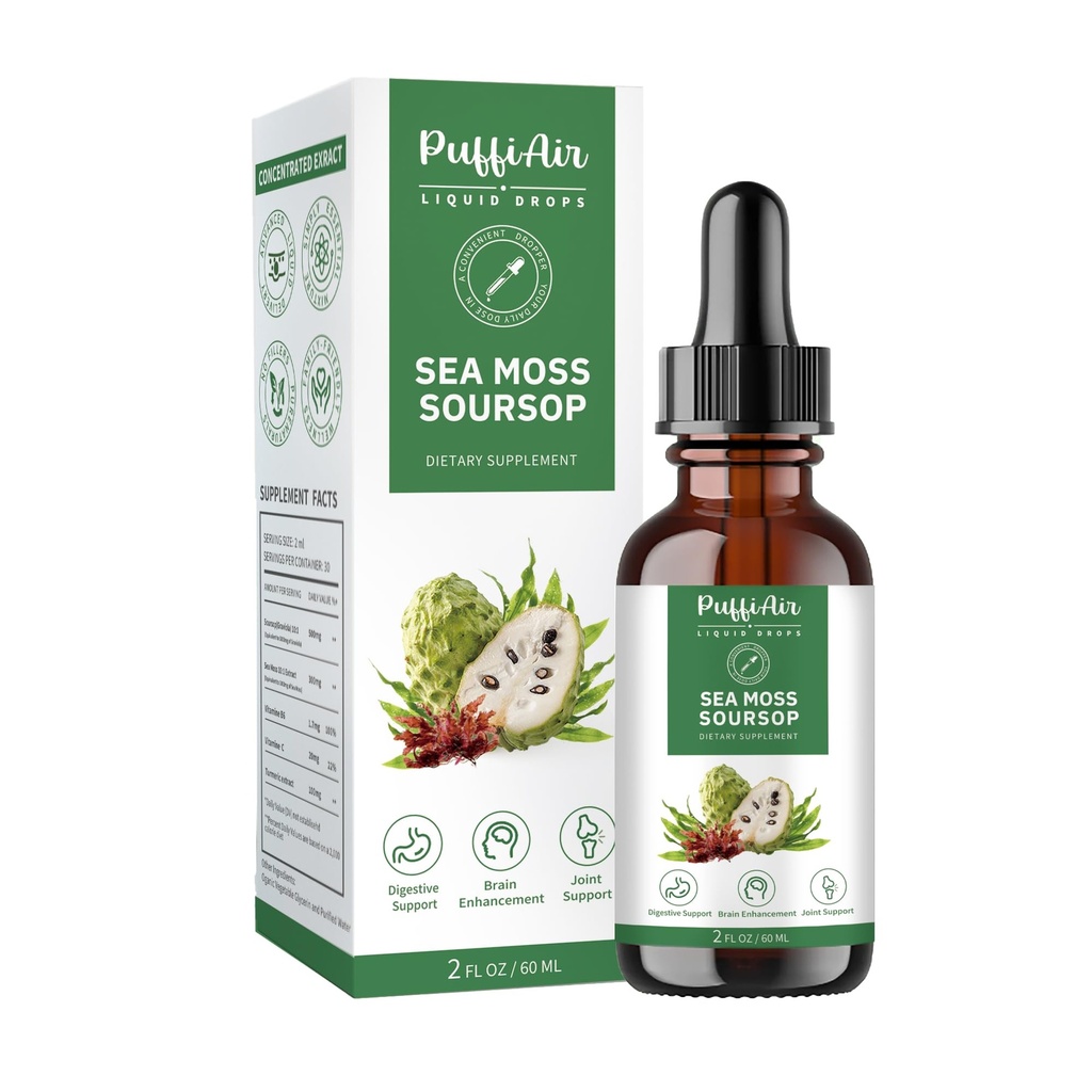 PUFFIAIR Soursop (Graviola) & Sea Moss Tekoča kapljica za podporo celic in regeneracijo, Imuno Boost, Sprostitev, Jetra in spanje, Zeliščni ekstrakt, Sladkor/Gluten Brez, Naravni okus, 2 Fl Oz/60ml
