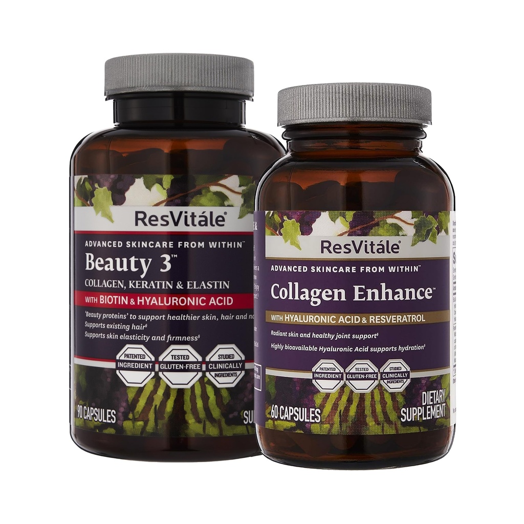 ResVitale Beauty 3 - dodatek za nego kože s kolagenom, keratin & elastin - 90 kapsul & kolagen izboljšanje - dodatek za lepoto s hialuronsko kislino & Resveratrol - 60 kapsul