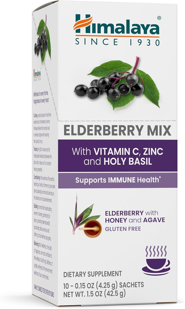 Himalaja Elderberry Mix, Drink Mix dodatek, Imunska podpora z bezgove jagode, cink, vitamin C in sveti Basil, kofein brezplačno, 10-0.15 oz (4.3 g) Packets, Easy to Mix, Gluten Free